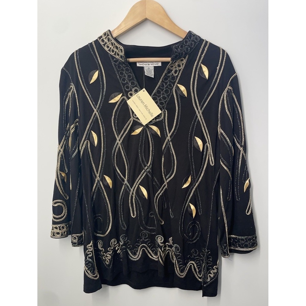 Vintage Lauren Michelle Embroidered Tunic Blouse Size XL Black Long Sleeve NEW - Picture 2 of 6